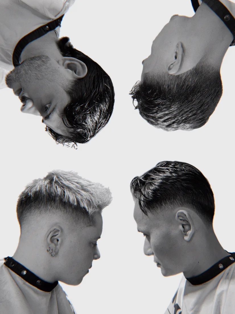 Four finished haircuts, studio composition